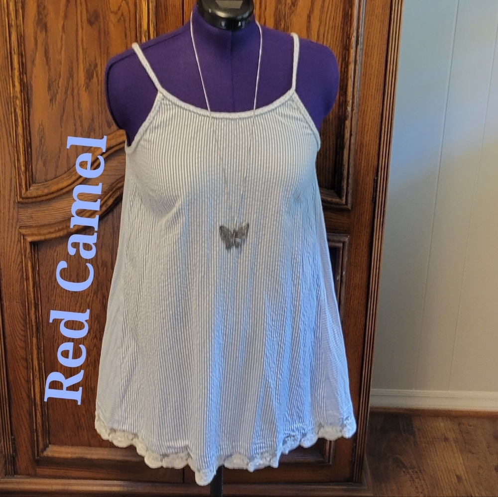 ❣️HP❣️Red Camel cotton seersucker adjustable straps & lace sundress sz:S